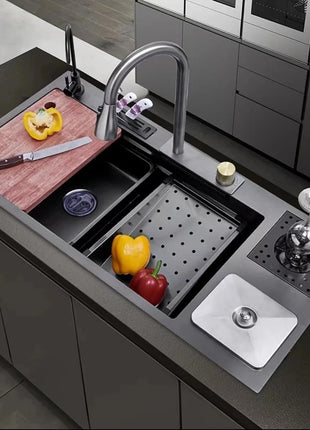 Kitchen Sink 35 Inch - SS 304 Grade Modular Kitchen Sink With Waterfall Pull Down Faucet | Single Bowl With RO-Water Purifier Tap | Fruit Basket & All Accessories (Black, Dustbin 35 X 18 X 9 Inch)