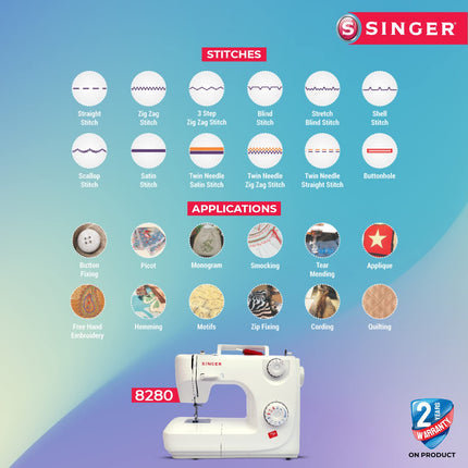 Singer 8280 Zig Zag Sewing Machine,8 Built in Stitches, 24 Stitch Function, Auto Needle Threader(White),70W Powerful motor 