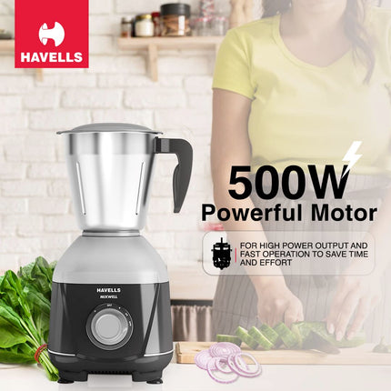 Havells MIXWELL 500 W 3 Jar Mixer Grinder, 304 SS Blades I High Speed 21000 RPM Motor, Heavy and Wider mouth SS Jars, All Jars with Handle (Black and Grey) 