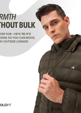 Boldfit Olive Puffer Jacket For Men Hooded Insulated Winter Jacket Size M