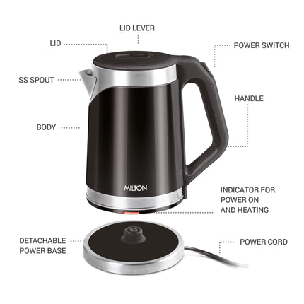 Milton Euroline Vienna Electric 1.8 Stainless Steel Electric Kettle, 1 Piece, 1.8 Litre, Black, Power Indicator, 1500 Watts, Double Walled, Auto Cut-off 