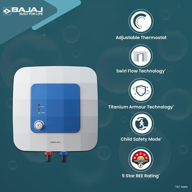 Bajaj Compagno 2000 W 10 Litre Vertical Storage Water Heater| Star Rated Geyser| Water Heating With Titanium Armour & Swirl Flow Technology| Child Safety Mode|2-Yr Warranty By Bajaj 【White & Blue】 