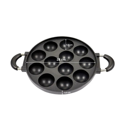 HomeEssentials Appam Pan - 12 Pit/Cup Appe Maker/Pre-Seasoned/Pan for Mini Pancakes, Litti, Potato Balls & Stuffed Snacks/Appe Pan Paniyarakkal/Dual Side Rubber Handle (28cm, Aluminium) 