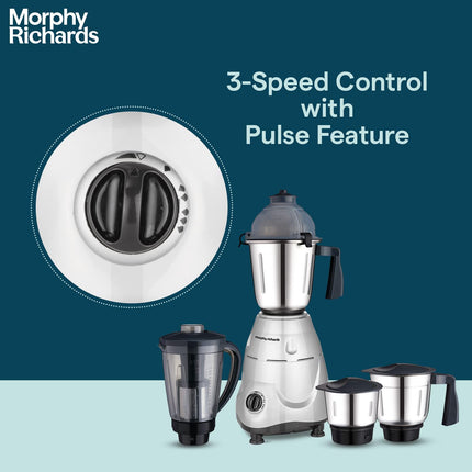 Morphy Richards Icon Superb 750 Watts Mixer Grinder| 4 Stainless Steel Mixer Jars including Juicer Jar| 3-Speed Control with Pulse Effect| 1-Yr Warranty by Brand| Silver & Black 