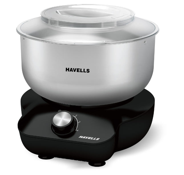 Havells Hygiene Grande Atta Kneader Dough Maker with 5L SS Bowl, Up to 1 KG Dough Maker, 4 Speed, Aluminium Dough Hook, Transparent Anti Splatter Lid with Lock, Hands Free Operation, 2 Yr Warranty 