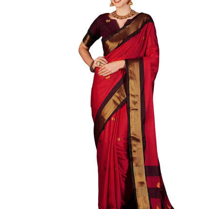 SWARON Women's Banarasi Jacquard Kanjivaram Silk Saree with Unstitched Blouse Piece (3743S111NW_Red & Dark Maroon) 