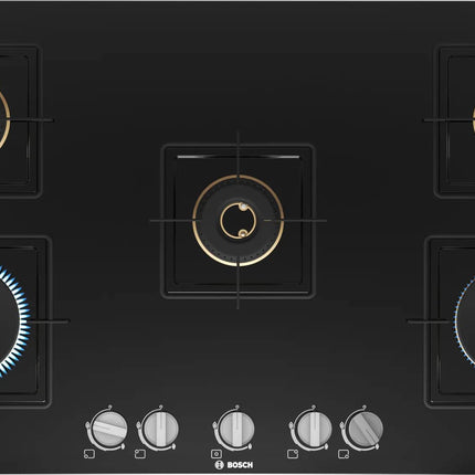 Bosch Built in Gas Hob Black Tempered glass Glass 5 Burner Auto Ignition 90 cm True Brass 2D Ring Burners with Glossy Black Heat Shields & Enameld pan supports (PNV9B6F10I) 