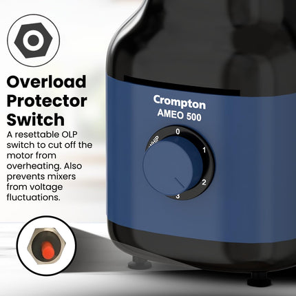 Crompton Ameo 500W Mixer Grinder with Powertron Motor & Motor Vent-X Technology, Robust design (3 Stainless Steel Jars, Blue and Black) 