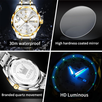 OLEVS Watches for Men Diamond Date Day Calendar White Wrist Watches Quartz Analog Stainless Steel Business Two Tone Waterproof Luminous Men Watch 