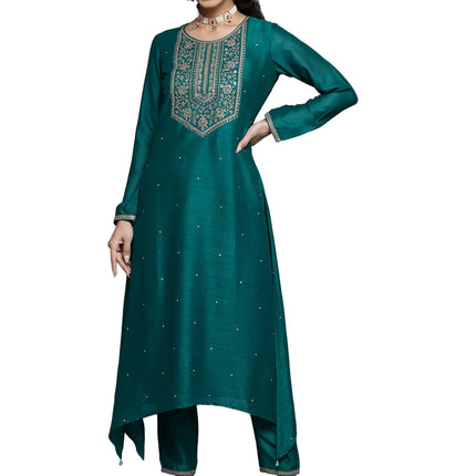 Libas Women's Silk Yoke Design A-Line Kurta (23516O_Teal 