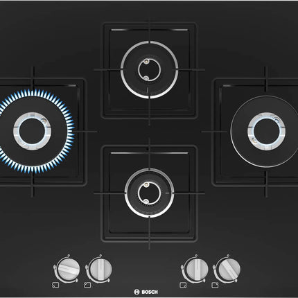 Bosch Built in Gas Hob Black Tempered glass Glass 4 Burner Auto Ignition 75 cm Italian Double Ring Burners (PNI7B6B10I) 