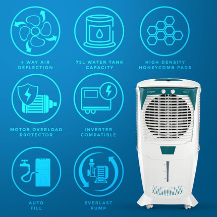 Crompton Ozone 75 Litres Desert Air Cooler for home | Large & Easy Clean Ice Chamber | 4-Way Air Deflection | High Density Honeycomb Pads | Everlast Pump | Auto Fill 