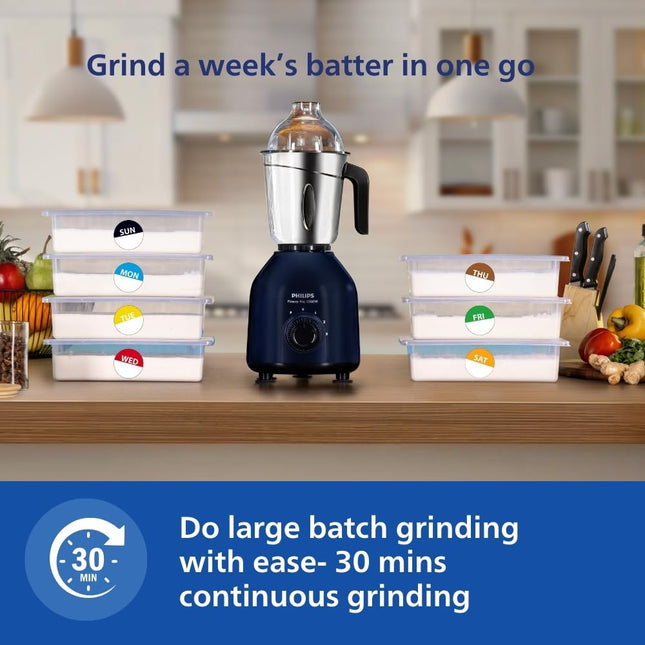 Philips HL7713/01,1000 W PowerPro Motor Mixer Grinder, 3 Jars (Azure Blue), Edged blade made of superior SS304 material, Quick cool ventilation for longer motor life 