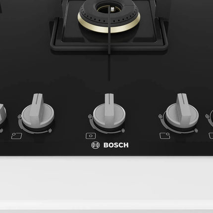 Bosch Built in Gas Hob Black Tempered glass Glass 5 Burner Auto Ignition 90 cm True Brass 2D Ring Burners with Glossy Black Heat Shields & Enameld pan supports (PNV9B6F10I) 