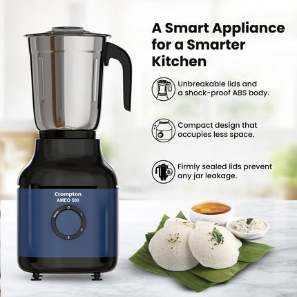 Crompton Ameo 500W Mixer Grinder with Powertron Motor & Motor Vent-X Technology, Robust design (3 Stainless Steel Jars, Blue and Black) 