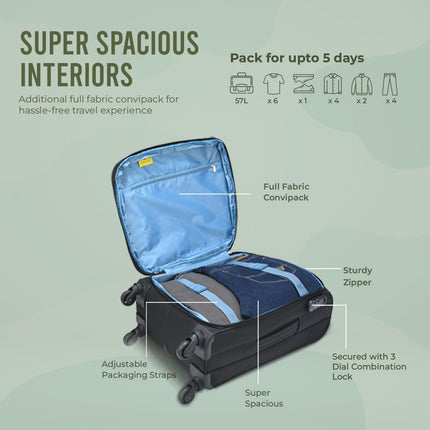 Aristocrat Commander 55Cms Premium Polyester with PVC Coating Softshell Sided Cabin Size 4 Wheels Small Black Inline Suitcase, Medium 