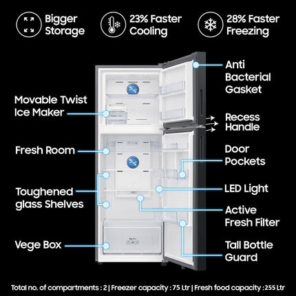 Samsung 330 L, 3 Star, Convertible 5-in-1, Digital Inverter, Frost Free Double Door, WiFi Enabled Bespoke AI Refrigerator (RT34DG5A4DBXHL, Luxe Black) 