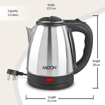 Milton Euroline Go Electro 2.0 Stainless Steel Electric Kettle, 1 Piece, 2 Litre, Silver, Power Indicator, 1350 Watts, Auto Cut-off, Detachable 360 Degree Connector, Boiler for Water, Instant Noodles 