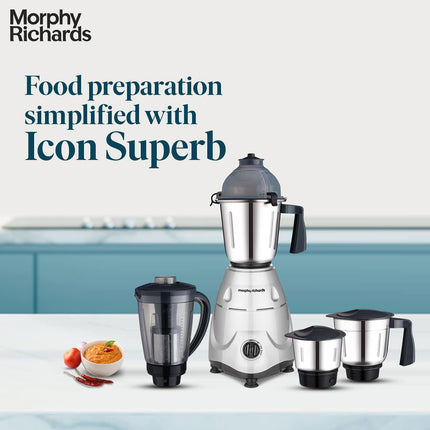 Morphy Richards Icon Superb 750 Watts Mixer Grinder| 4 Stainless Steel Mixer Jars including Juicer Jar| 3-Speed Control with Pulse Effect| 1-Yr Warranty by Brand| Silver & Black 