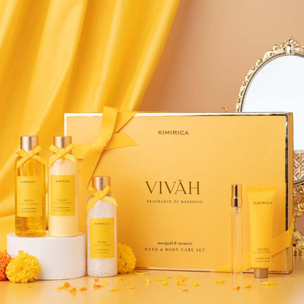 Kimirica Vivah Indulgence Wedding gift set for couple| Uniquely Crafted Wedding Gift contains Shower Gel, Body Lotion, Bath Salt, Eau De Parfum and Hand cream | Luxuriously Scented Marigold & Turmeric | Perfect gift For Weddings | 5 Piece Gift Hamper 