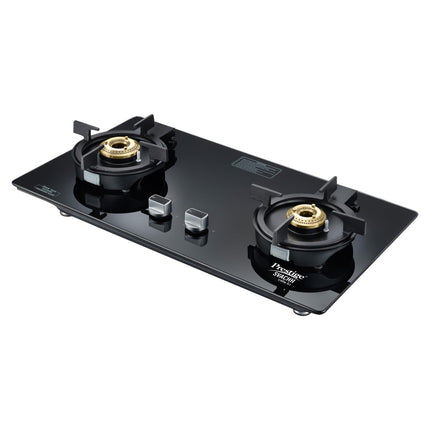Prestige Svachh Efficia 02AI Hob LP Gas Table|One Touch Advanced Auto Ignition| 8mm Thick superior Toughened Glass|Cast Iron Pan Support|Brass Burners-2|Black 