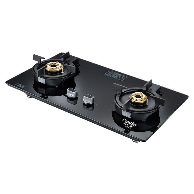 Prestige Svachh Efficia 02AI Hob LP Gas Table|One Touch Advanced Auto Ignition| 8mm Thick superior Toughened Glass|Cast Iron Pan Support|Brass Burners-2|Black 