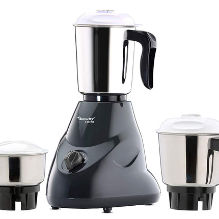 Butterfly Hero 500 Watts Mixer Grinder with 3 Jars | Stainless Steel Multipurpose Jars | ABS Body | Motor Overload Protection | 1 Year Manufacturer's Warranty | Grey 