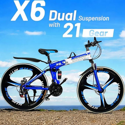 Amaze Kai Dual Suspension Bikes Latest Bmv Foldable Gear Cycle for Men with 21 Speed Gear 3 Spoke | Folding Mountain Bike with Double Disc Break & Mac Wheel, 26 Inch (Blue) 
