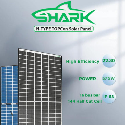 Loom Solar Panel Shark 575W TOPCon Bifacial, N-Type, Dual Glass Black Frame Panel, 144 Cells Half-Cut, IP68 Rated, BIS Certified, Efficiency 22.30%, Non DCR, Performance Warranty 25 Years (Pack of 8) 