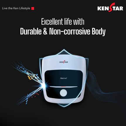 Kenstar Marvel 10-L, 5 Star Rated Storage Water Heater with Superior Glassline Coated Tank, Powerful 2000W Heating Element, Rust Proof Plastic Body and Advanced 3 Level Safety|(White and Blue) 