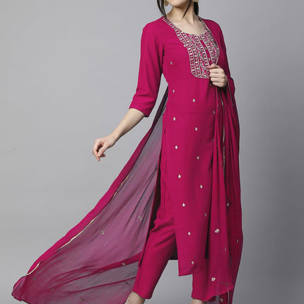 GoSriKi Women's Cotton Blend Embroidered Straight Kurta with Pant & Dupatta (Kasturi Pink-APL-GS_XL_Pink_X-Large) 