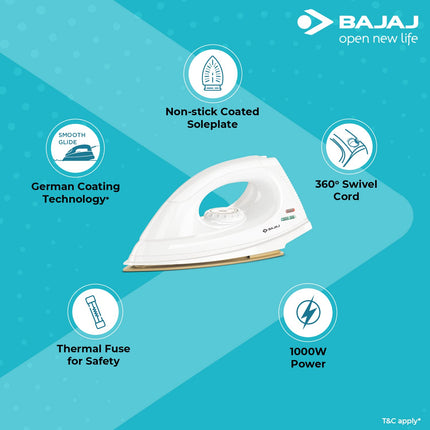 Bajaj Dx-7 1000W Dry Iron With Advance Soleplate And Anti-Bacterial German Coating Technology, White, 1000 Watts 