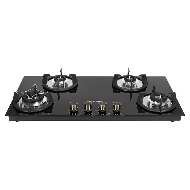Faber Hob 4 Burner | Auto-Ignition | Spillage Proof | HOB SUPERIA HT904 BR AI | Concealed Chamber | Metal Knobs | Pan Support | Black Glass Finish |5 Yr Warranty on Burner & Glass | 1 Yr comprehensive 
