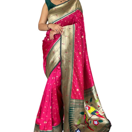 SGF11-Women's Kanjivaram Paithani Silk Saree Golden Zari With Blouse Piece (Pink) 