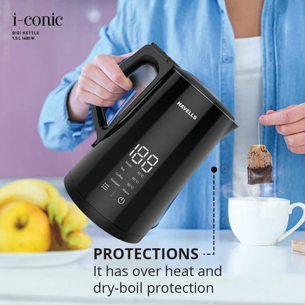 Havells I-Conic 1.5 Litre Digi Kettle with double wall and 304 stainless steel tank (Black), 1600 Watts 