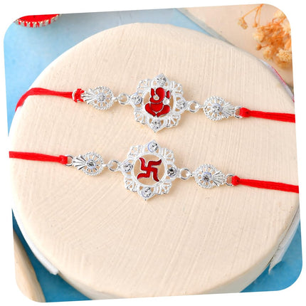 CraftVatika Silver Rakhi for Brother Bhaiya - Rakhi Set of 2, Ganesha Rakhis for Rakshabandhan, Silver Raki for Brother Boy Men Kids, Rakshasutra Thread for Bhai 
