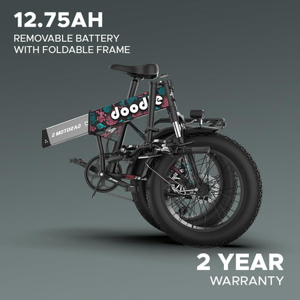 EMotorad Doodle Pro Fat-Tire Foldable Electric Mountain Bike – 250W Rear Hub Motor, 12.75Ah Removable Li-ion Battery, C6+ Display, Front/Rear Lights with Side Indicators 