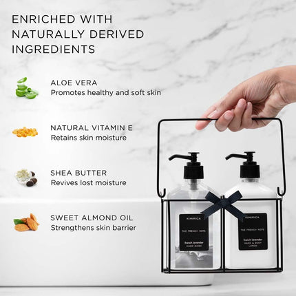 Kimirica Gift Set For Boyfriend,Girlfriend,Husband & Wife French Note Hand Wash Hand Lotion Duo set with Metal Caddy| Lavender luxury Gift Set for Women & Men | (270mlx2) 