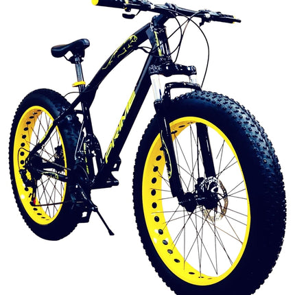 Amaze Prime Fat Tyre Mountain Bike, 26-inch Wheels, 21-Speed, Dual Disc Brakes, Front Suspension, Yellow (Black - Yellow) 