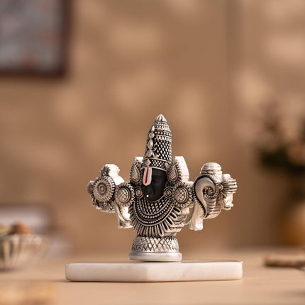 Svastika Lord Balaji Face Idol | 4 Inch Silver Plated Venkateswara Face Murti | Home Temple Decor | Spiritual Table Showpiece | Gift for Devotees and for Car Dashboard 