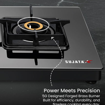 Sujata Premium Gas Stove | 9 Years Warranty | 2 burner gas stove, 2 Burner Gas Stove Glass Top, SABAF, ISI Certified, LPG & PNG Compatible, 360° Rotating Brass Gas Nozzle, Brass Burner (Black) 