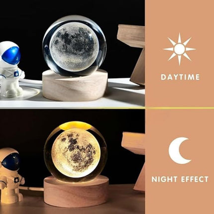 One94Store 3D Crystal Moon Lamp – Engraved Crystal Ball LED Night Light with Wooden Base, USB Powered, Ideal for Home & Office Décor, Birthday Gift for Adults (Warm White) 