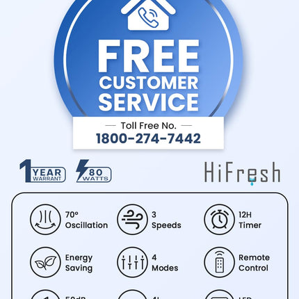 HIFRESH Air Cooler for Home, 107CM Tower Cooler w/Remote & LED Touch Screen, 4 Mode & 3 Speed, 12H Timer, 26 Feet Air Delivery, 4L Water Tank, 4 Ice Packs, 70° Swing Control, 80W Low Power Consumption 
