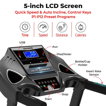 Sparnod Fitness STH-3600 Multifunction Treadmill for Home Use, 4 HP Peak DC Motor, 16 Km/H, Advanced Console with 12 Pre-Set, Massager, Supports 110 Kg User Weight Hydraulic Foldable Inbuilt Speakers 