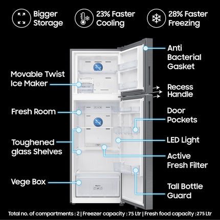 Samsung 350 L, 3 Star, Convertible 5-in-1, Digital Inverter, Frost Free Double Door, WiFi Enabled Bespoke AI Refrigerator (RT38DG5A4DS8HL, Elegant Inox, Silver) 