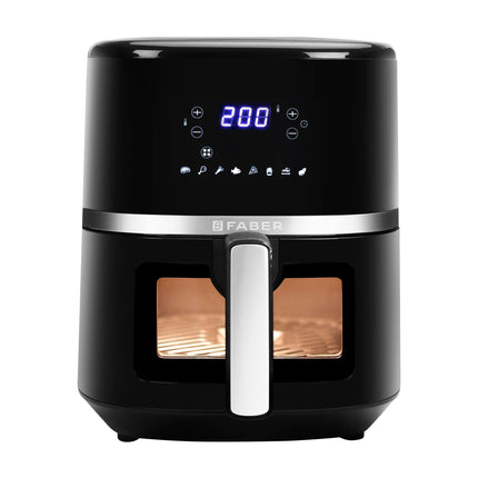 Faber 6L 1500W Digital Air Fryer | Fry, Bake, Roast, Toast, Defrost, Grill & Reheat | 85% Less Oil, 360° Air Cooking | 8-Preset Menu, LED Display & Touch Control, Non-Stick Pan, View Window | (Black) 