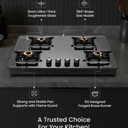 Sujata Premium Gas Stove | 9 Years Warranty | 4 Burner Gas Stove Glass Top, SABAF, ISI Certified, LPG & PNG Compatible, 360° Rotating Brass Gas Nozzle, Jumbo Brass Burner (Black) 