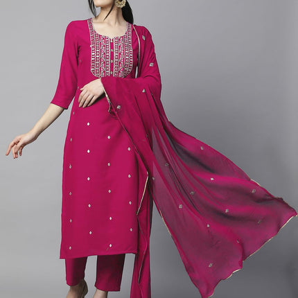 GoSriKi Women's Cotton Blend Embroidered Straight Kurta with Pant & Dupatta (Kasturi Pink-APL-GS_XL_Pink_X-Large) 