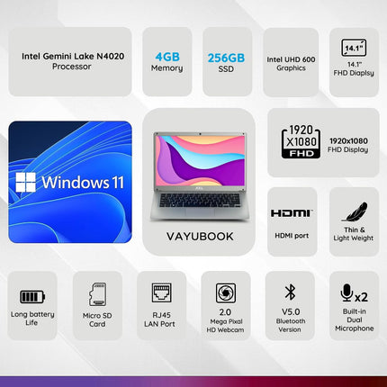 AXL VayuBook Laptop 14.1 Inch FHD IPS Display (4GB Ram,128GB SSD) 1920 * 1080 Resolution | HD Gemini Lake N4020 | Windows 11 Home | UHD Graphics 600 (Cloud Silver) 