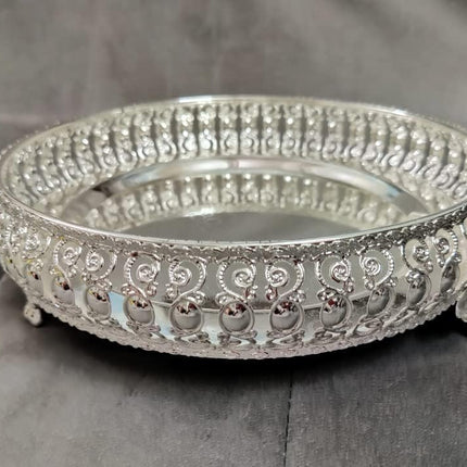 G K EXCLUSIVE™ German Silver Tray, Best Gift for Diwali, Anniversary, House Warming, Birthday (10inch), Round Shape 